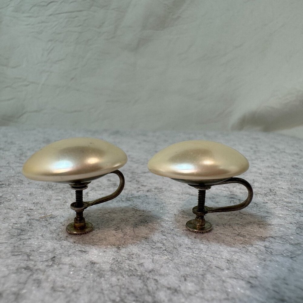 Vintage Sterling Silver & Faux Pearl Clip-On Earrings MCM Button shaped - Picture 9 of 10